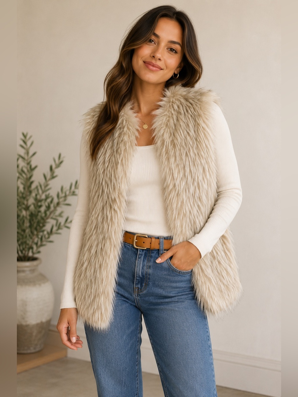 RLZ‎ Womens Faux Fur Vest Ivory Beige Large Sleeveless